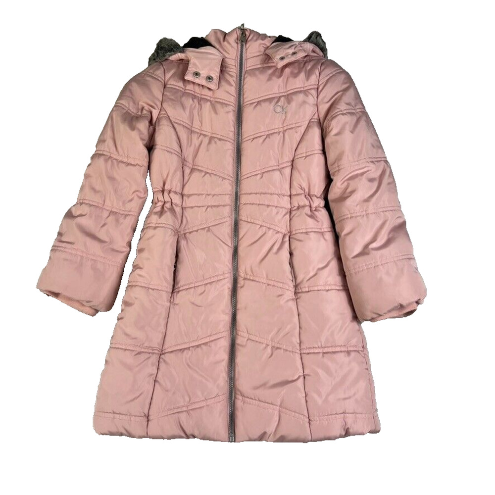 Calvin Klein Puffer Jacket Girls M ( 8/10 ) Pink Full Length Coat Hood Faux Fur